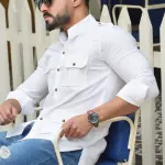 White Cotton Self-Print Hunting Style Shirt | Premium Men's Sportswear | Classic Outdoor Design | Comfortable Cotton Fabric | Size 36-44